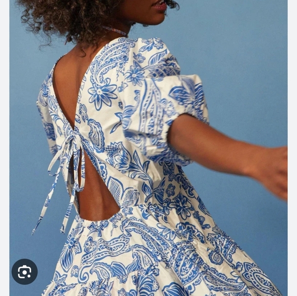 Xirena Nissa Mini Dress Puff Sleeves Santorini Print Size L Euro Summer Coastal - Picture 2 of 16